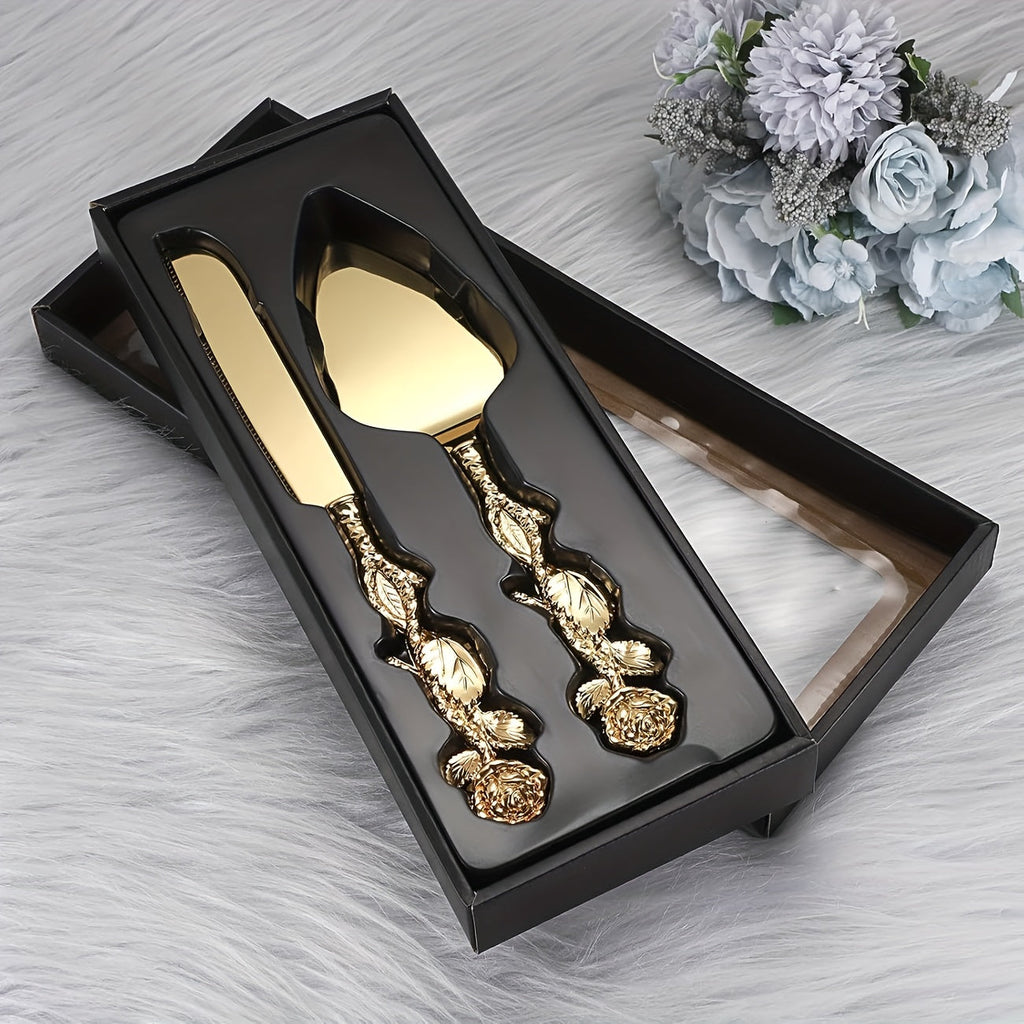 Cake Knife and Spatula Set with Rose Handle ¨C Silver-Plated Dessert Server Gift Box Set for Wedding, Birthday & Party