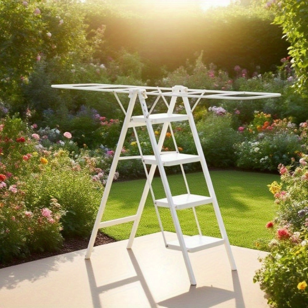 Folding Clothes Drying Rack Ladder, 4-Step Collapsible Laundry Drying Stand, 500 LB Capacity Lightweight Sturdy Freestanding Garment Dryer, Multi-Use Ladder for Indoor Outdoor Bedroom Laundry Room