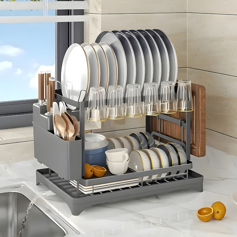 Two-Tier Dish Drying Rack with Drainboard - Metal Kitchen Dish Holder with Drainage for Countertop, Two-Level Dish Drainer for Plates, Cups & Utensils, Single or Double Layer, Black White Gray