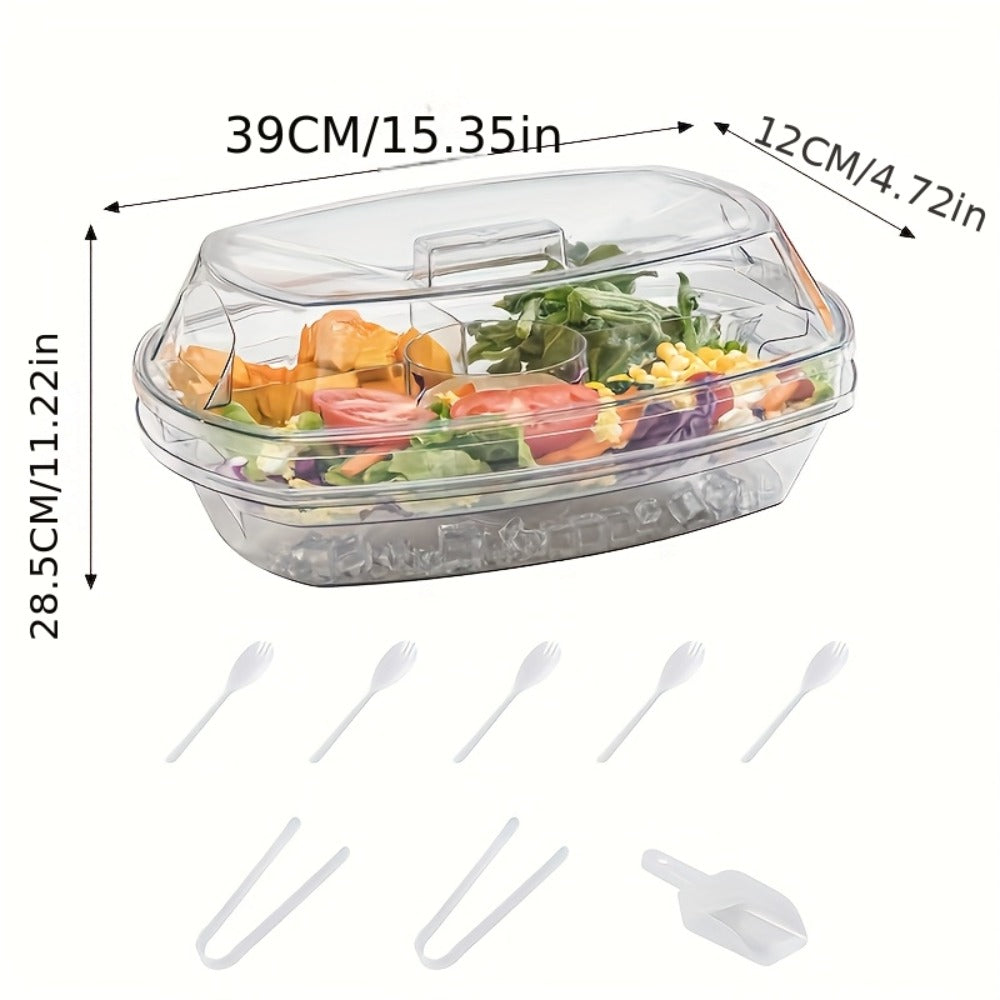 Fruit Salad Bowl with Lid and 5 Compartments, Portable Chilled Serving Tray with 5 Forks and 2 Tongs, Detachable Fruit Storage Box for Party Entertaining Bar Decoration Buffet Table