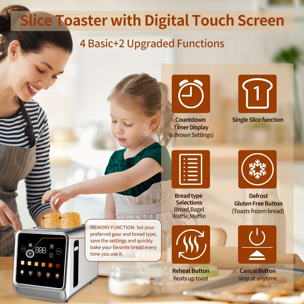 Digital Touch Screen Toaster 2 Slice Stainless Steel with 5 Bread Functions 7 Shade Settings Bagel Defrost Reheat Cancel Removable Crumb Tray LED Display Kitchen Toaster