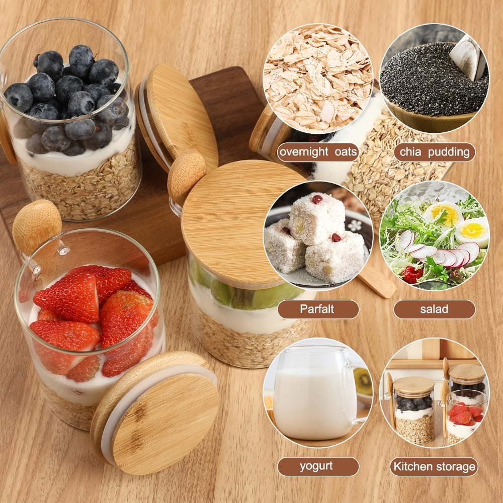 Overnight Oats Glass Jar with Lid and Spoon - 16oz Meal Prep Breakfast Container for Oatmeal Yogurt and Smoothies, Large Capacity Clear Glass Jar Set for Kitchen Meal Prep and Food Storage, Available in 4 or 8 Piece Sets