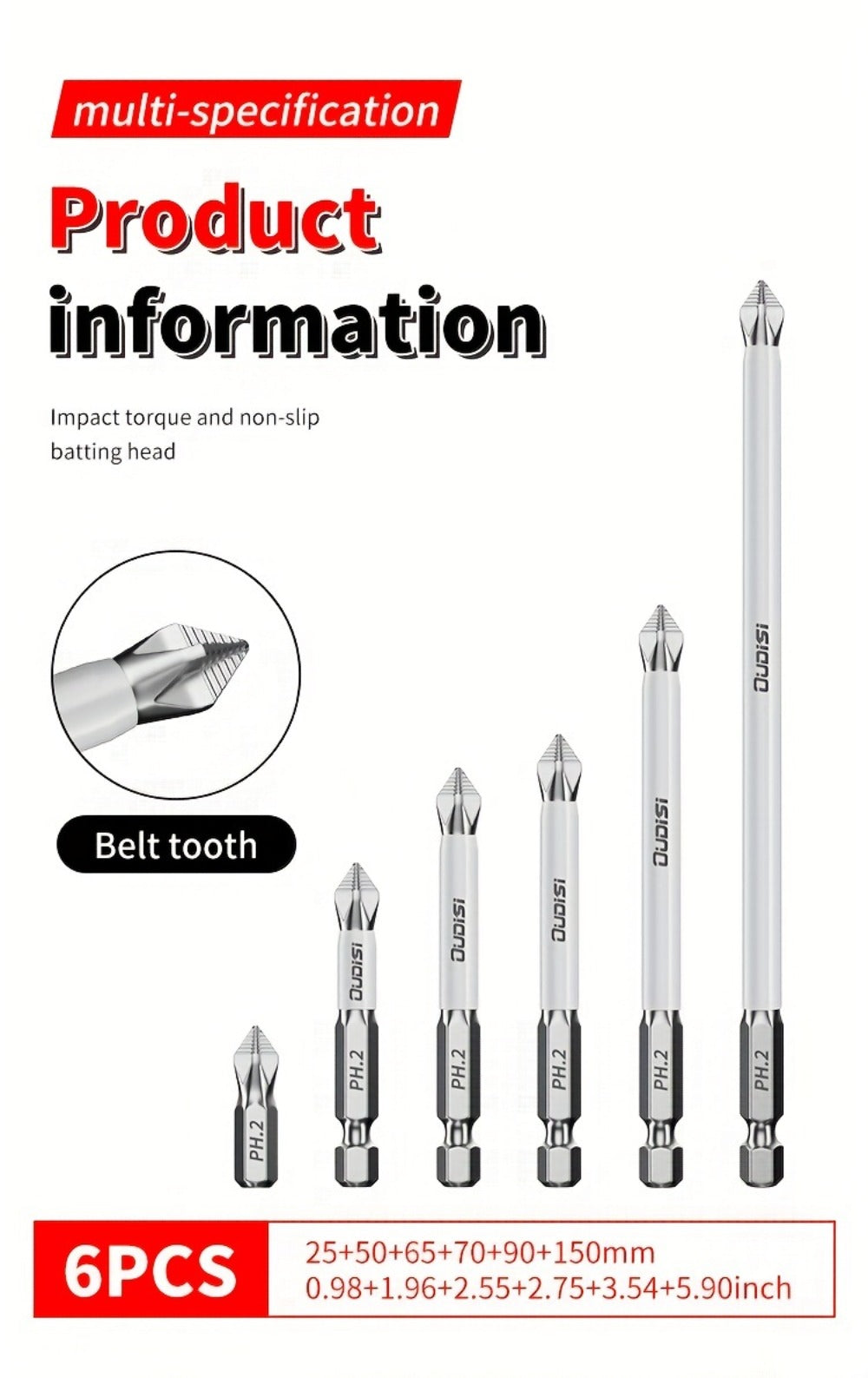 Magnetic Screwdriver Bits Set 6pcs, Phillips Cross Drill Bits with High-Strength Impact Resistance & Non-Slip Design, Electric Screwdriver Bit Kit 25 50 65 70 90 150mm for Power Drills & Hand Tools