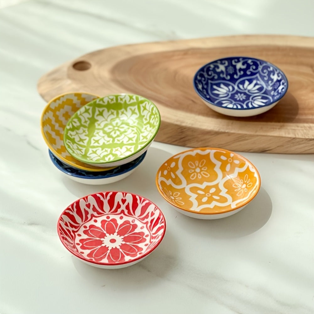 Ceramic Condiment Dish Set of 10 ¨C Bohemian Small Saucer Dipping Bowls for Soy Sauce, Vinegar & Spices | Kitchen, Restaurant, Party, BBQ & Picnic Use | Machine Washable