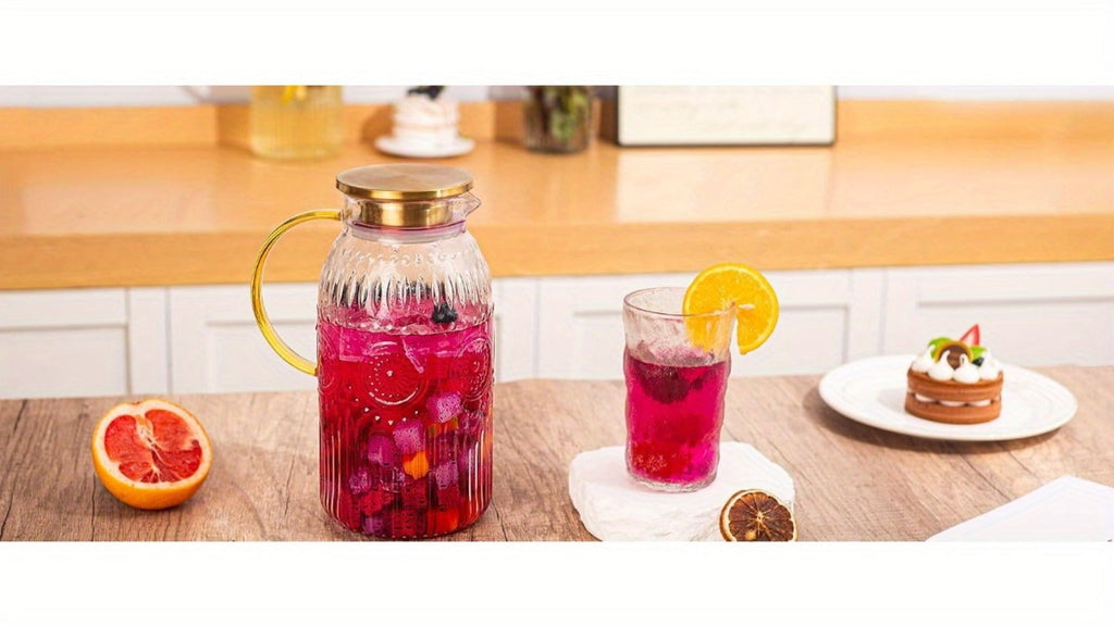 Glass Pitcher with Lid 68oz 2 Liter Heat Resistant Borosilicate Glass Water Carafe Vintage Design for Cold Brew Coffee Lemonade Iced Tea Juice Parties Picnics Camping Office Kitchen