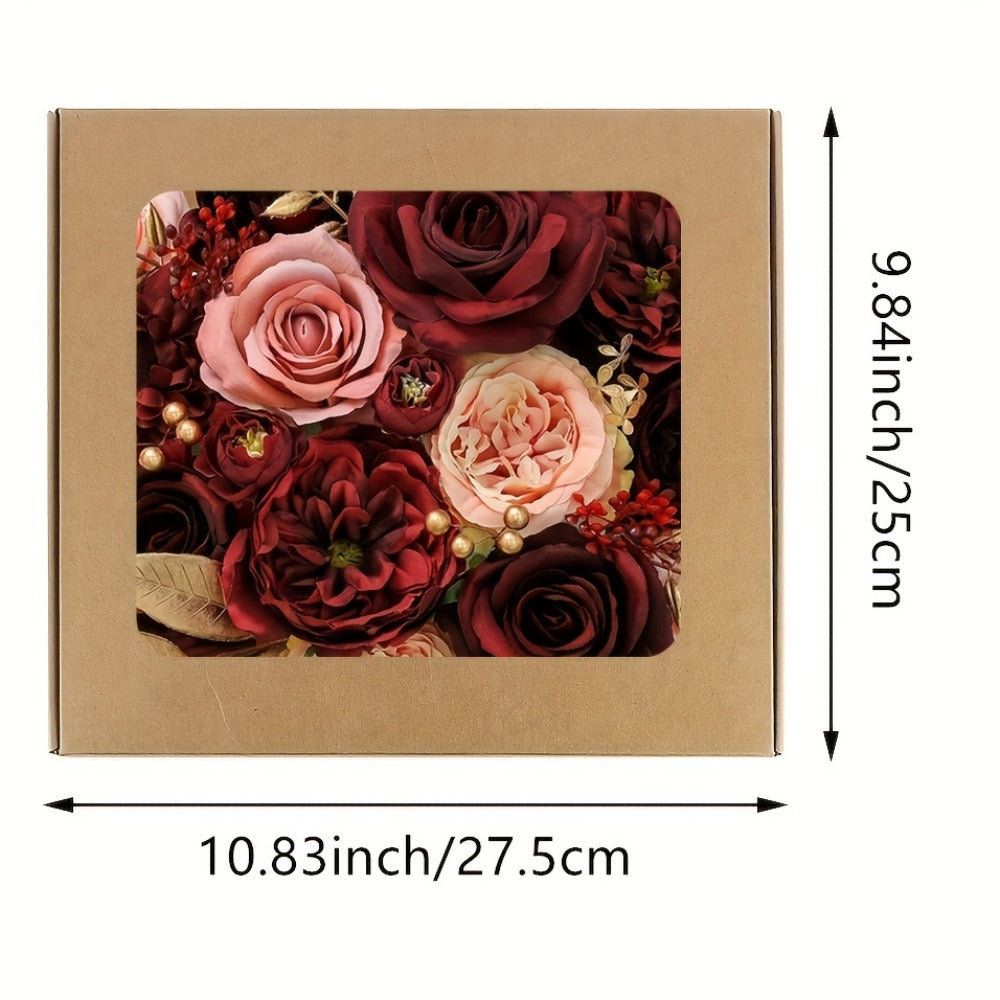 Artificial Rose Bouquet Wine Red, 12pcs Fake Plastic Roses for Wedding Centerpiece, Halloween Day of the Dead Altar Decor, Fall Winter Tabletop Flower Arrangement, No Battery Required