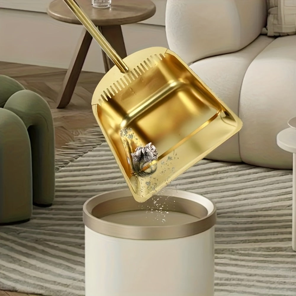 Broom and Dustpan Set Premium Golden Stainless Steel Extra Long Handle Microfiber Bristles V-Shape Leakproof Dustpan Heavy Duty Indoor Outdoor Sweeper for Kitchen Patio Hardwood Tile Floor