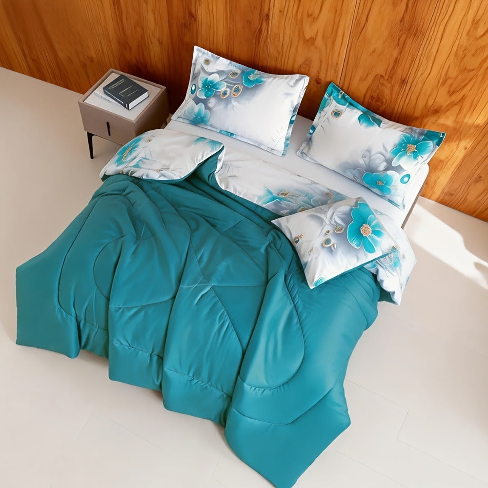 Teal Floral Comforter Set Twin Queen King Gradient Oil Painting Style Botanical Luxury Quilt Bedding Soft Microfiber All Season Bed in a Bag Gift