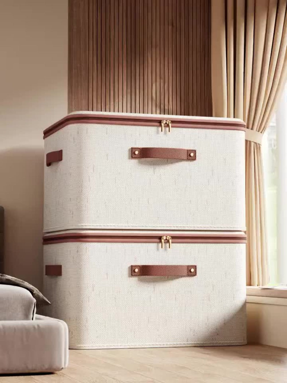Foldable Storage Boxes with Lids 2-Pack, Large Capacity Linen Storage Baskets with Double Zippers & Leather Handles, Collapsible Fabric Organizer Bins for Bedroom, Clothing, Laundry & Moving