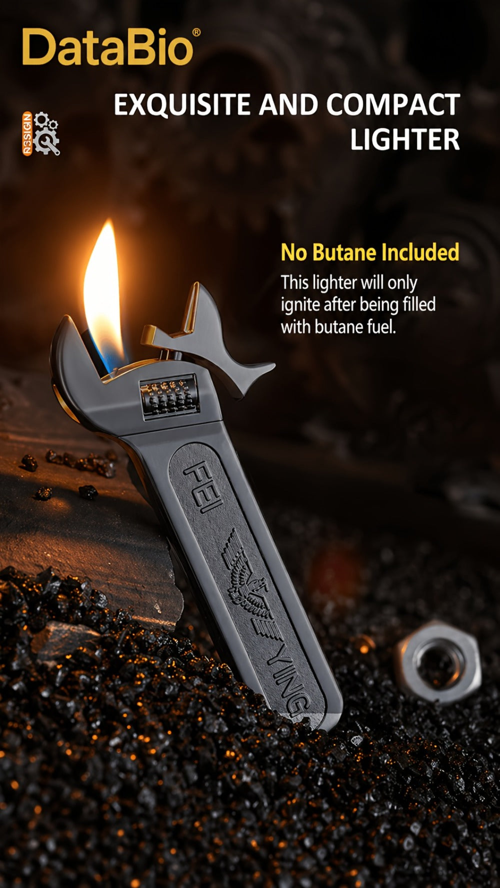 Spanner Shape Novelty Lighter ¨C Refillable Butane Windproof Metal Lighter, Cool Gadget Gift for Men | Father's Day Gift Idea | Bright Chrome & Black | No Butane Included