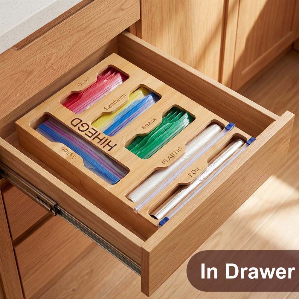 Bamboo Wrap Dispenser 6-in-1 Kitchen Organizer ¨C Built-In Cutter, 6-Grid Storage Box for Plastic Wrap, Aluminum Foil & Bags, Space-Saving Drawer Organizer for Pantry & Kitchen Counter
