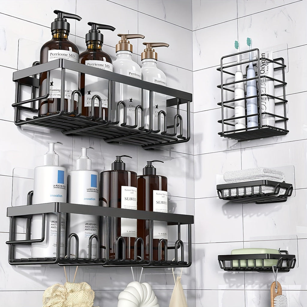 Shower Caddy Organizer 5 Pack Adhesive Rustproof Stainless Steel Shower Shelves with Soap Holder No Drilling Bathroom Storage Rack for Shower Wall Renters Apartment Kitchen Multiple Colors