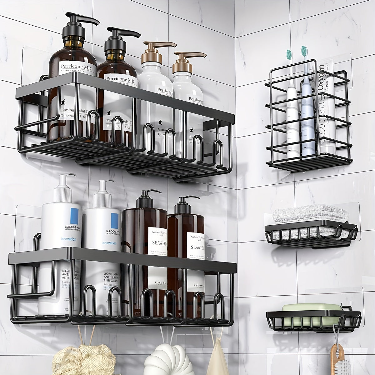 Shower Caddy Organizer 5 Pack Adhesive Rustproof Stainless Steel Shower Shelves with Soap Holder No Drilling Bathroom Storage Rack for Shower Wall Renters Apartment Kitchen Multiple Colors
