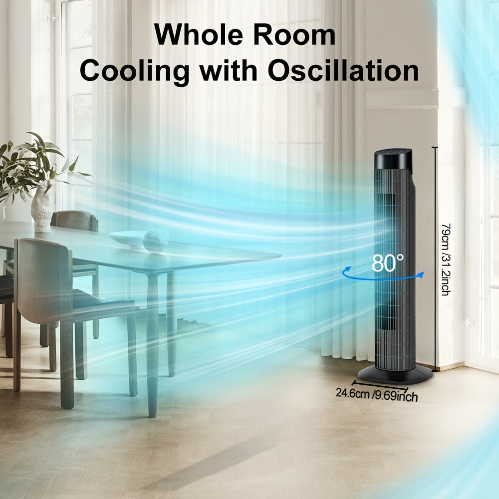 Tower Fan 31 Inch Bladeless | 80¡ã Oscillating Standing Fan with Remote Control, 7.5H Timer & 3-Speed Settings, Quiet Cooling Fan for Bedroom, Living Room & Office ¨C Black & White