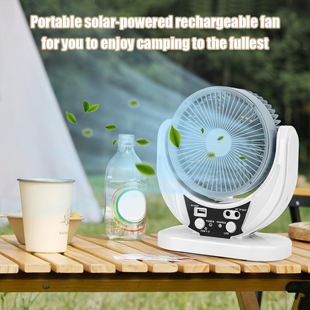 Solar Fan Portable Camping Fan with Solar Panel and USB Charging Adjustable Speed and Angle Phone Charging Function Emergency Power Outage Outdoor Travel Fan