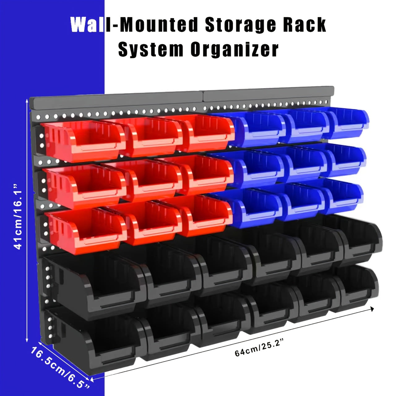 Wall Mounted Storage Bin Rack System ¨C Heavy Duty Small Parts Organizer for Screws, Nuts, Bolts & Nails | Stackable Garage Workshop Tool Storage Rack | 30/60/90 Bins Hardware Organizer