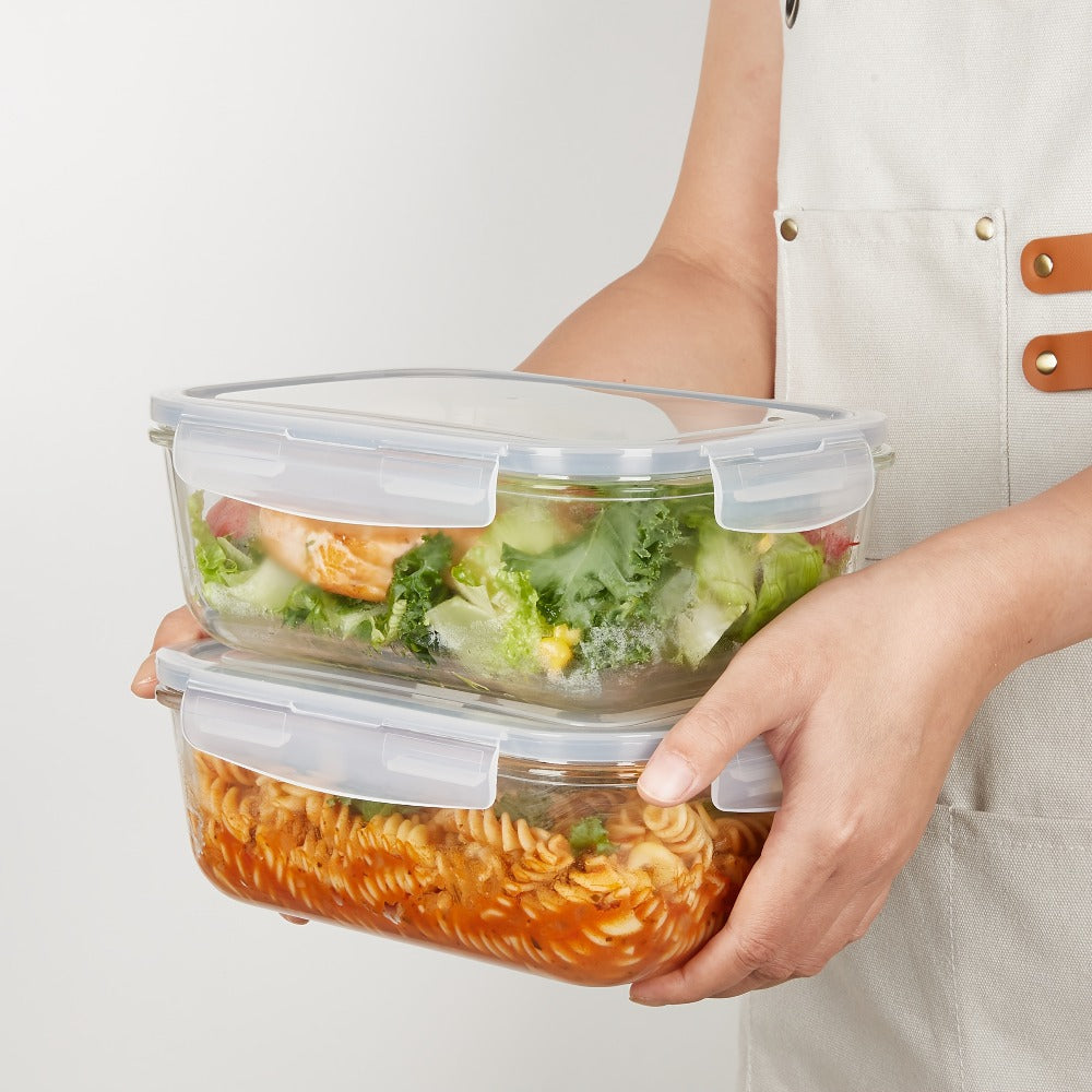 Glass Food Storage Containers with Lids 2 Pack ¨C 63oz Large Airtight Snap Lock Meal Prep Containers, Leak Proof Glass Dish with Lid for Oven, Microwave & Refrigerator, Food Transport Tubs