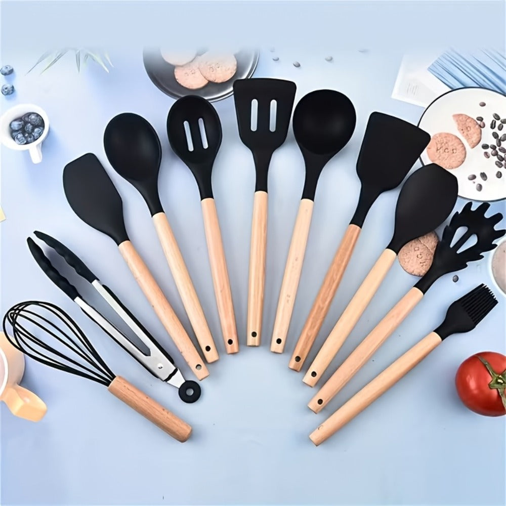 19-Piece Non-Stick Silicone Cookware Set with Bamboo Storage, Knives & Wooden Handle ¨C Pots, Pans & Utensils for Induction & Oven