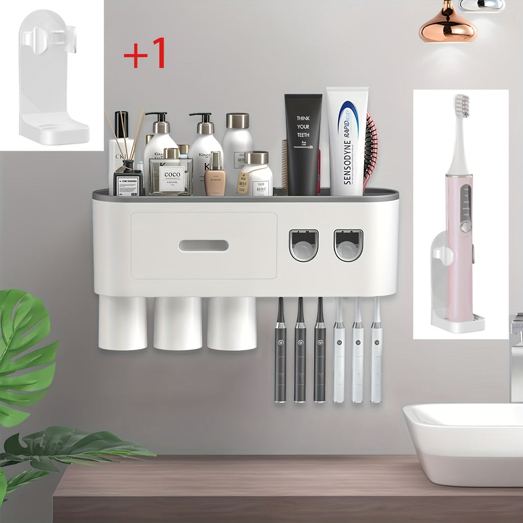 Wall Mounted Toothbrush Holder with Automatic Toothpaste Dispenser - 3 Cups Bathroom Organizer, Space-Saving Toothbrush Cup Holder for Family, Black & Gray