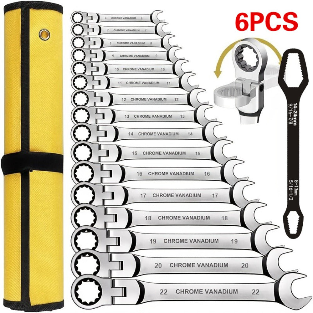 Flexible Head Ratchet Wrench Set 6-Piece ¨C 72-Tooth 180¡ã Dual-End CR-V Steel, Metric 6-10mm Double-Headed Wrenches for Auto, Motorcycle & Bike Repair, Compact Tool Kit
