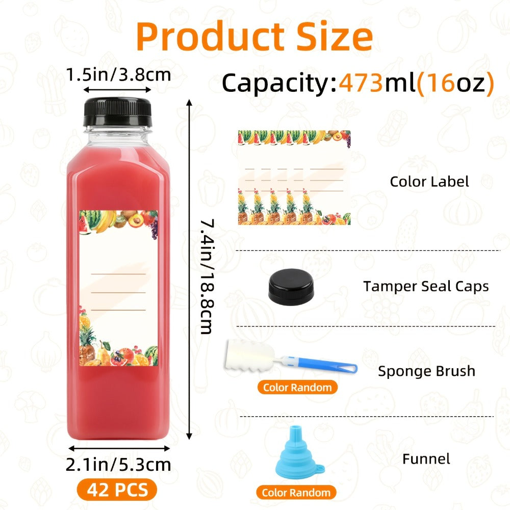 16oz Plastic Juice Bottles with Caps Reusable Clear Beverage Containers Bulk Set with Lids Funnel & Brush for Juice Smoothies Milk