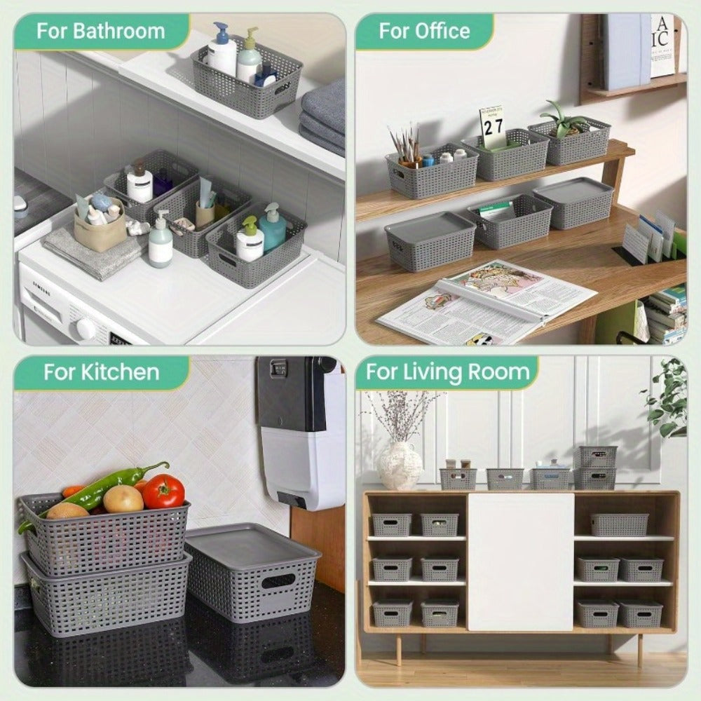 Storage Organizer Bins with Lids 4/8 Pack | Space-Saving Stackable Boxes 10¡±x7¡±x4¡± for Shelves, Closet & Desk - Declutter Bins for Dorm, Playroom & Office with File Organizer Bag, White Black Gray Red