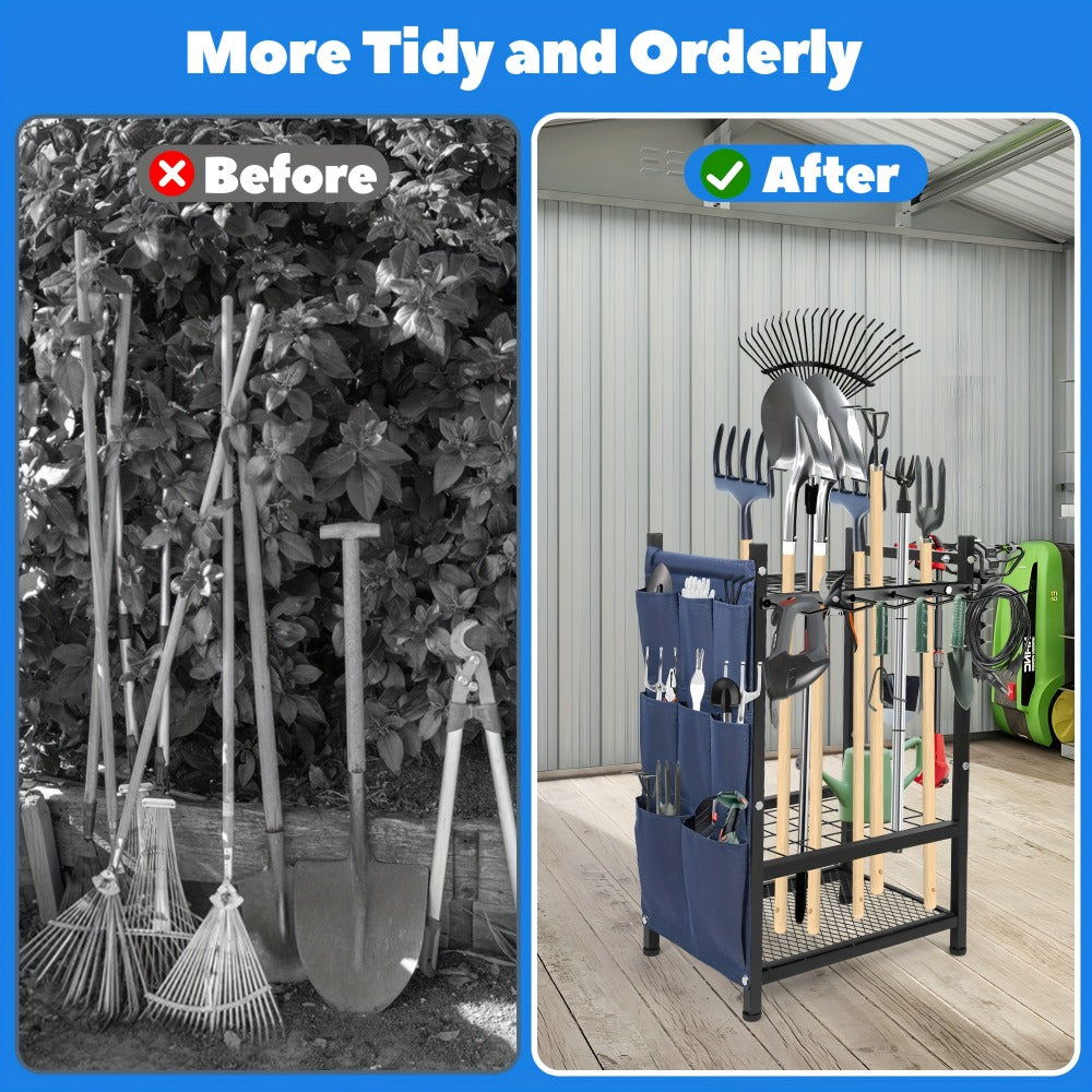 Tool Storage Rack with Storage Bag ¨C Metal Yard Tool Organizer for Garage Holds 35 Long-Handled Tools, Broom, Shovel, Rake Stand Holder, Heavy Duty Freestanding Garden Tool Rack for Outdoor & Yard, Black