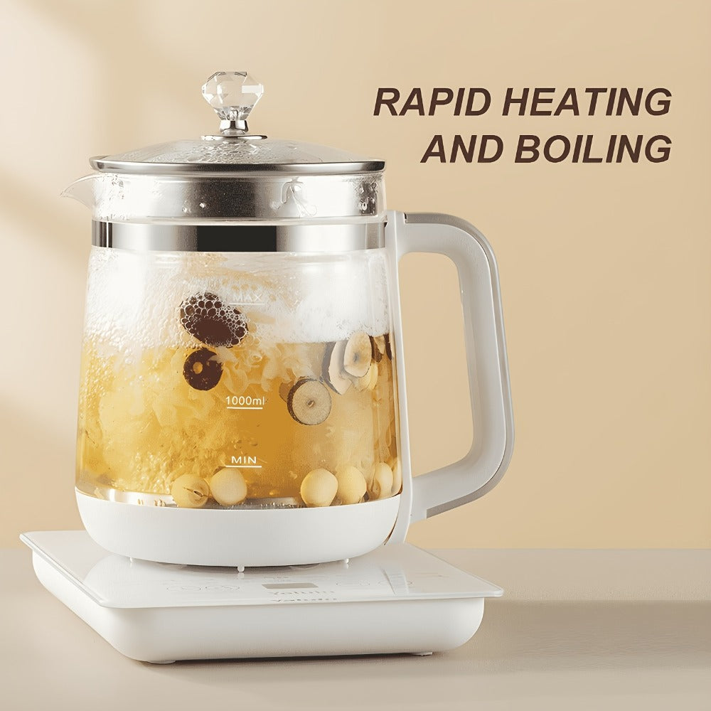 Multifunctional Electric Kettle 1.8L ¨C Thick Glass Health Kettle with 18 Smart Functions, Boil Water, Make Coffee, Cook Porridge & Steam Eggs, Removable Filter, Tea Set Included, US Plug ¨C White