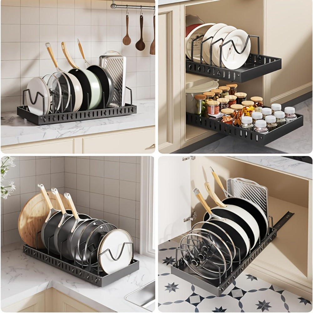 Pull Out Pot Lid Organizer Rack 2pcs Under Cabinet Pots and Pans Organizer, 8 Adjustable Dividers Slide Out Kitchen Cabinet Cookware Baking Sheet Holder, Drill-Free Easy Install