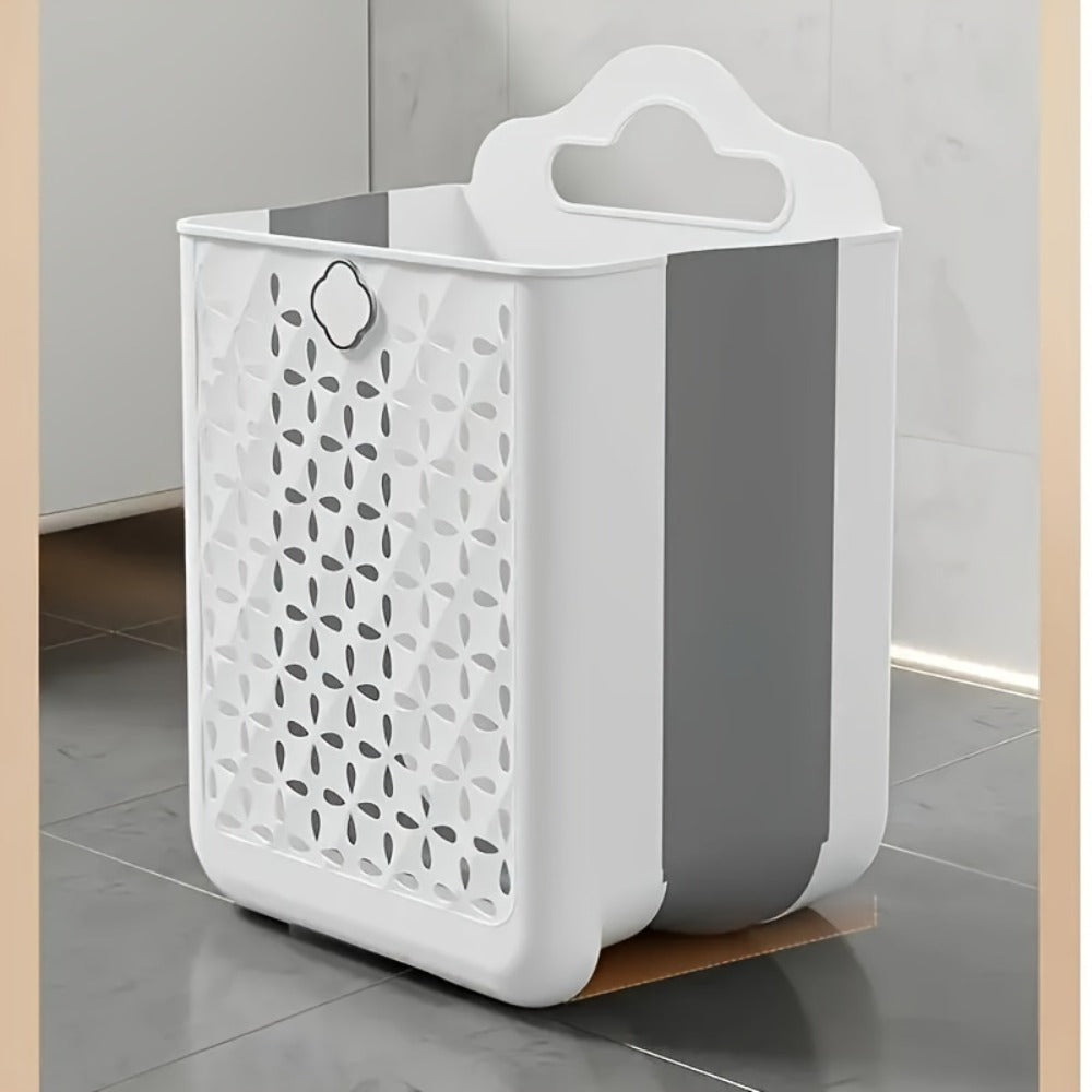 Foldable Laundry Basket Wall Mounted ¨C No-Drill Plastic Storage Bin with Cutout Design for Clothes, Toys, Snacks & Fruits ¨C Space-Saving Collapsible Organizer for Bathroom, Balcony & Bedroom