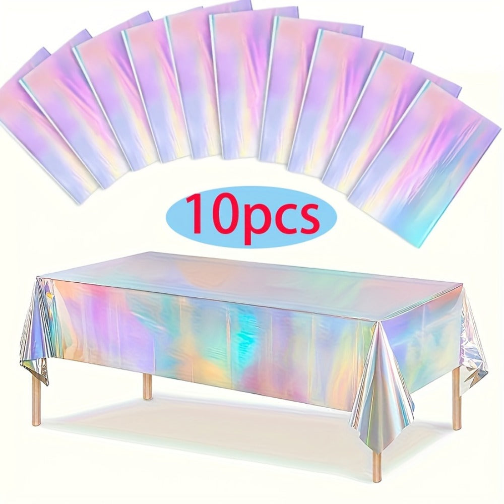 Holographic Rainbow Table Covers 10 Pack - Disposable Foil Tablecloths for Party, Wedding, Birthday & Gender Reveal