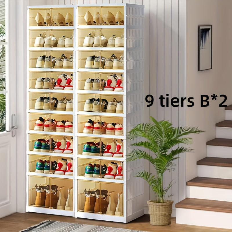 Shoe Rack Organizer 9-Tier, Collapsible Clear Plastic Foldable Stackable Shoe Cabinet with Shelves & Doors ¡ª No Assembly, Space-Saving Narrow Storage for Hallway, Apartment & Small Spaces