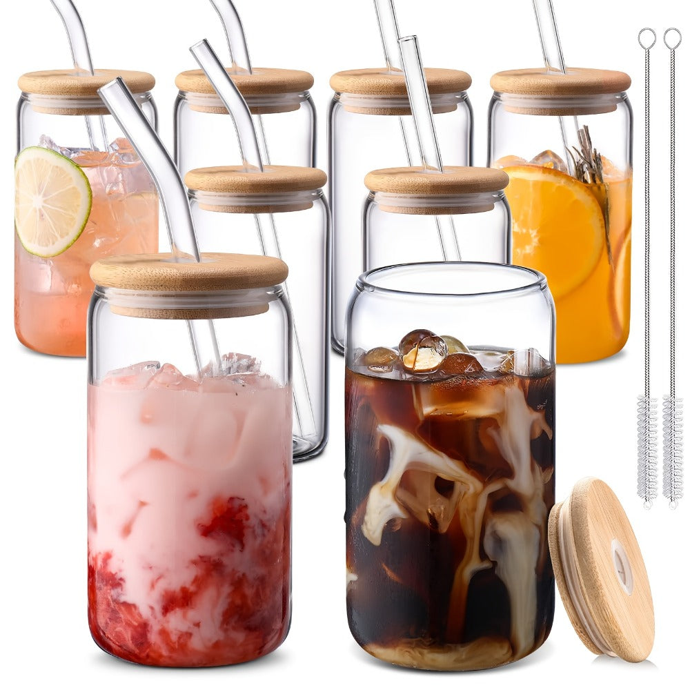 Glass Coffee Mug with Bamboo Lid & Straw | Iced Coffee Glass Cup Set, Mason Jar Mug, Reusable Drinking Glasses, Holiday Gift