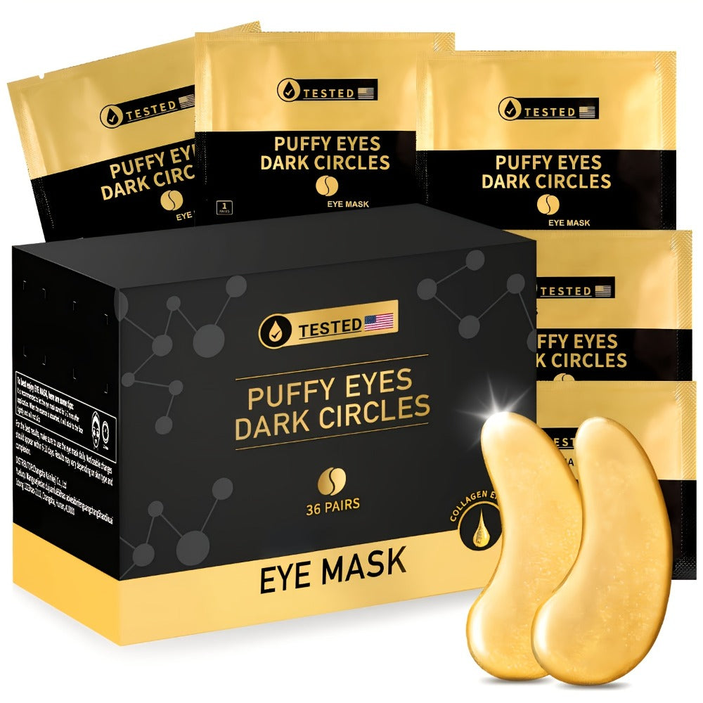 24K Gold Collagen Eye Mask Patches 36 Pairs Under Eye Patches with Collagen Glycerin Moisturizing Hypoallergenic Anti-Dark Circle Puffiness Skincare for Men Women All Skin Types