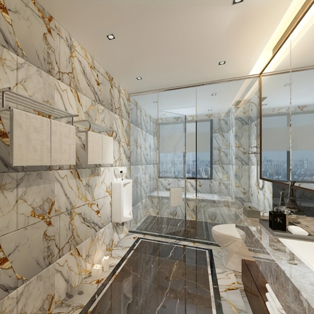 Peel and Stick Wall Tiles 50/100pcs Waterproof PVC Marble Self Adhesive Vinyl Tile Stickers for Bathroom Kitchen Living Room, TV Backdrop Shower Wall Panels Modern Home Decor Easy Installation