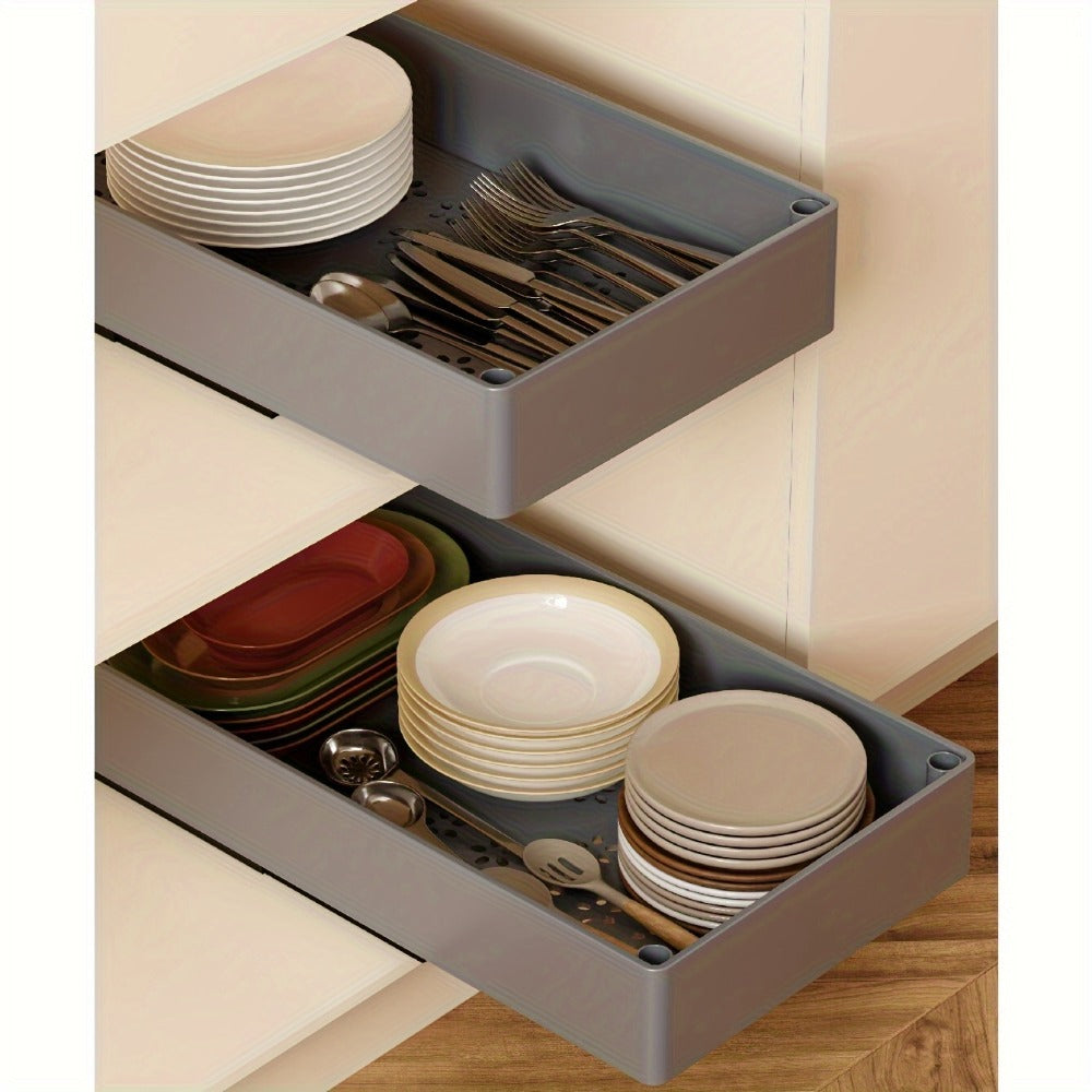 Pull-Out Cabinet Organizer 2-Pack Retractable Slide-Out Storage Bins No Drill Removable Kitchen Pantry Bathroom Shelf Organizer Boho Style Plastic Drawer Basket