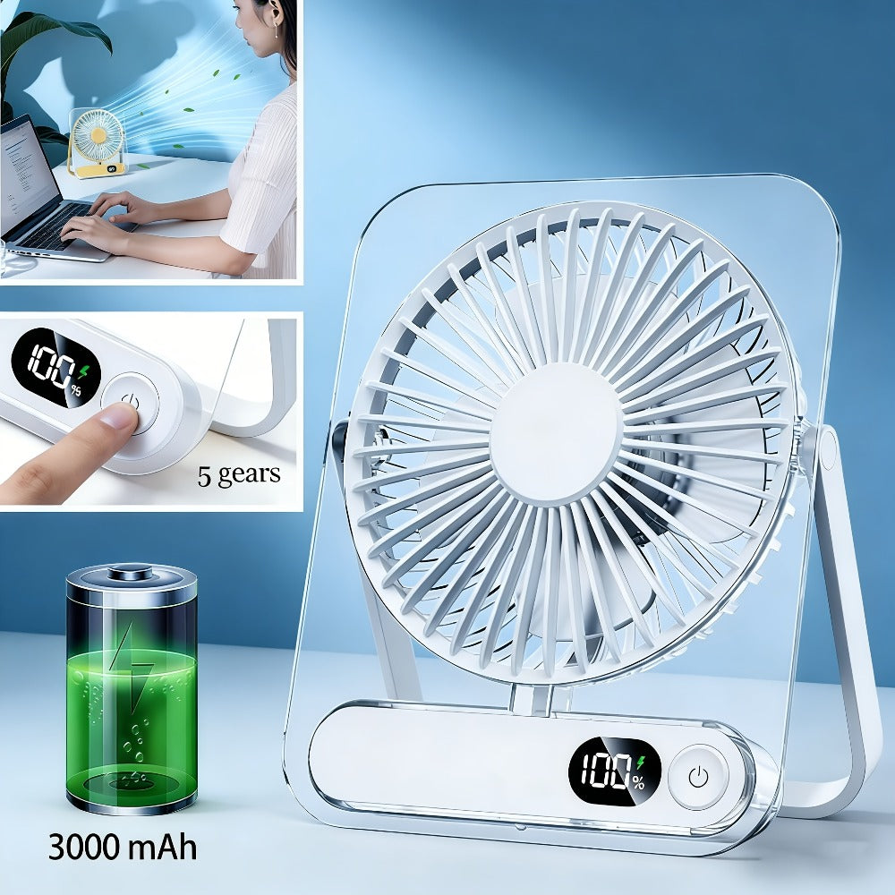 Portable USB Desktop Fan 3000mAh Battery, Ultra-Quiet 5-Speed Foldable Fan with 180¡ã Adjustable Tilt and Digital Power Display, Small Personal Cooling Fan for Home, Office and Travel