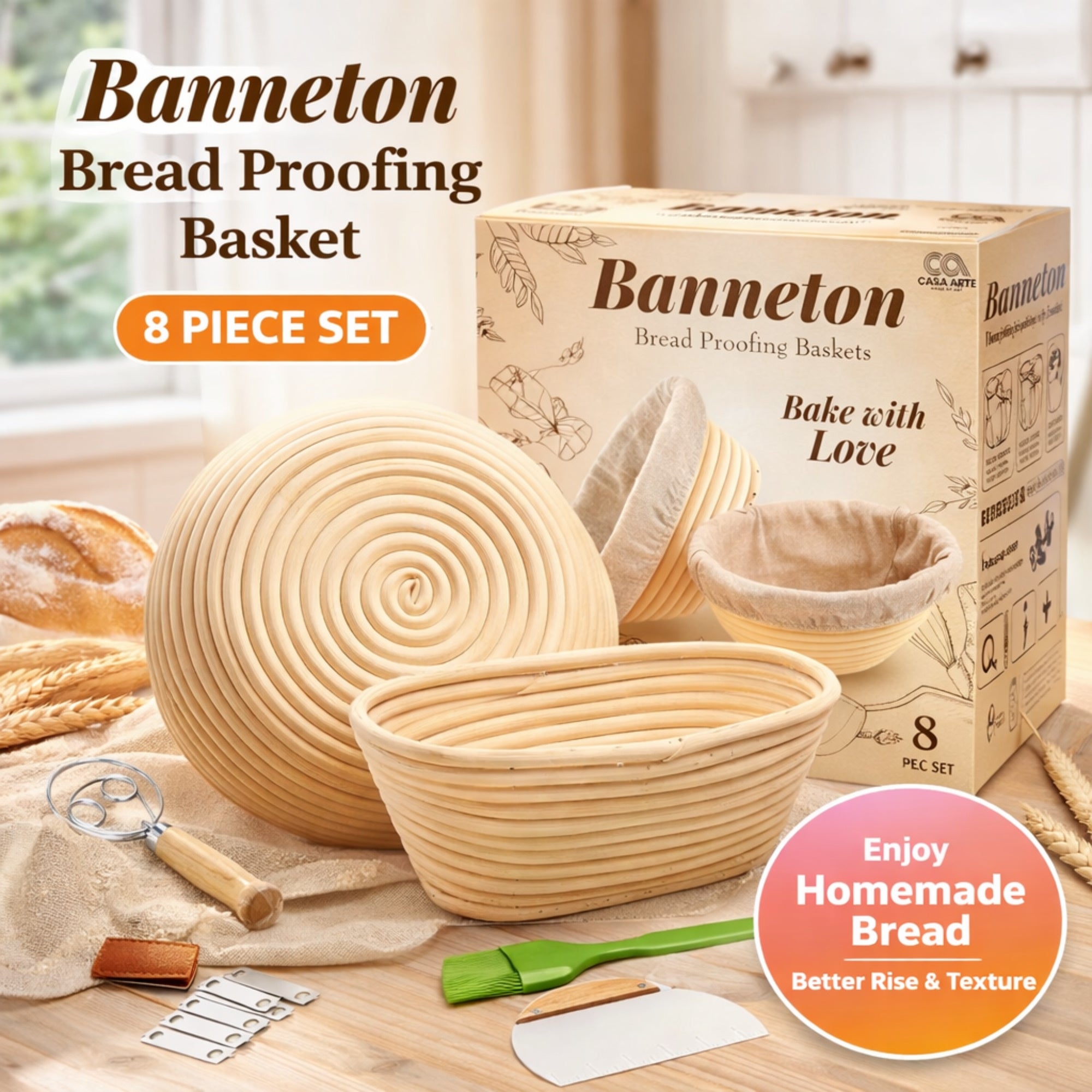 Sourdough Bread Proofing Basket Set 9 & 10 Inch - Banneton Bread Basket Kit with Danish Dough Whisk, Bread Lame, Dough Scrapers, Cooking Brush & Linen Liners