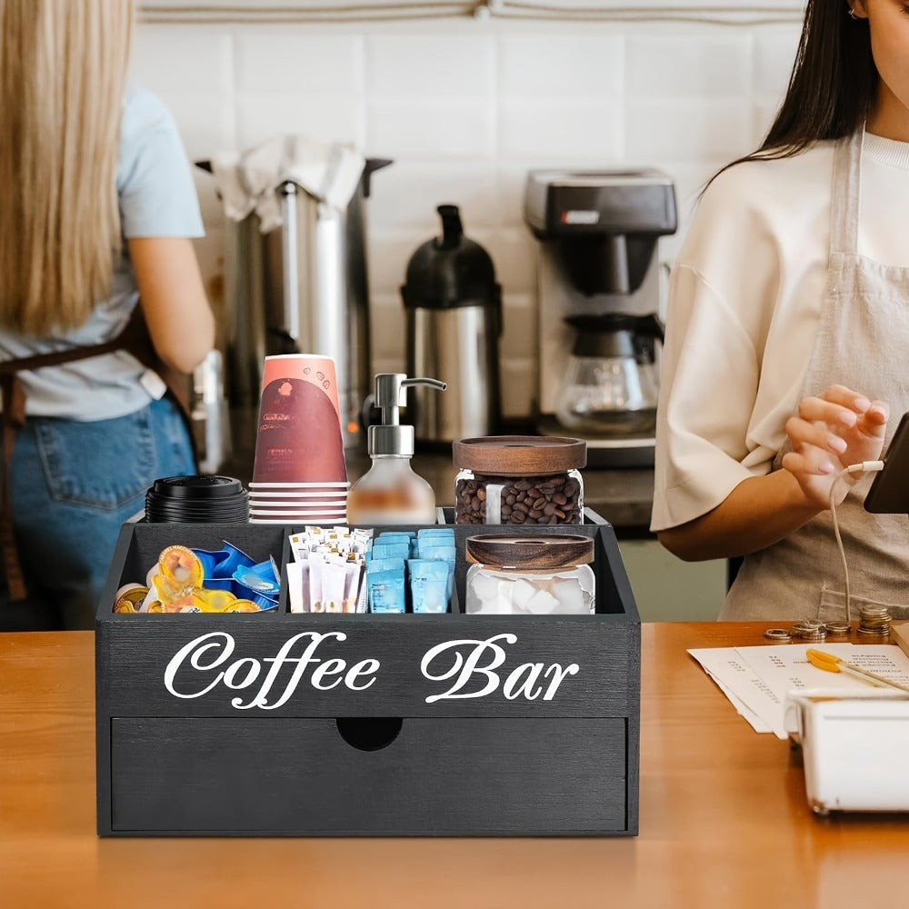 Coffee Bar Organizer with Drawer | Wood Countertop Coffee Station Organizer | 5-Compartment K-Cup Pod Holder Tea Condiment Storage | Rustic Farmhouse Coffee Bar Decor for Kitchen Counter