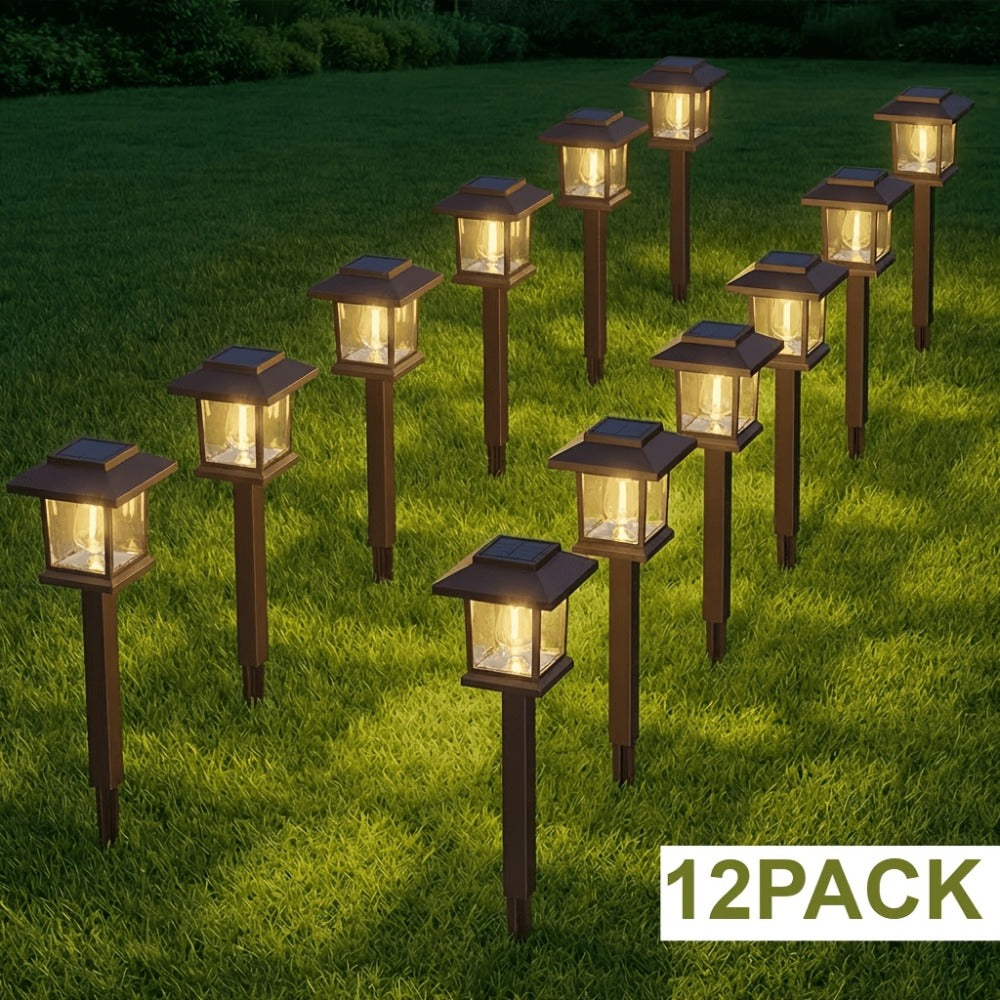 Solar Pathway Lights Outdoor Edison Style LED ¨C Up to 12 Hours Auto On/Off IP44 Waterproof | Warm White Solar Garden Lights for Yard, Driveway & Walkway | Black & Brown Upgraded Stake Lights