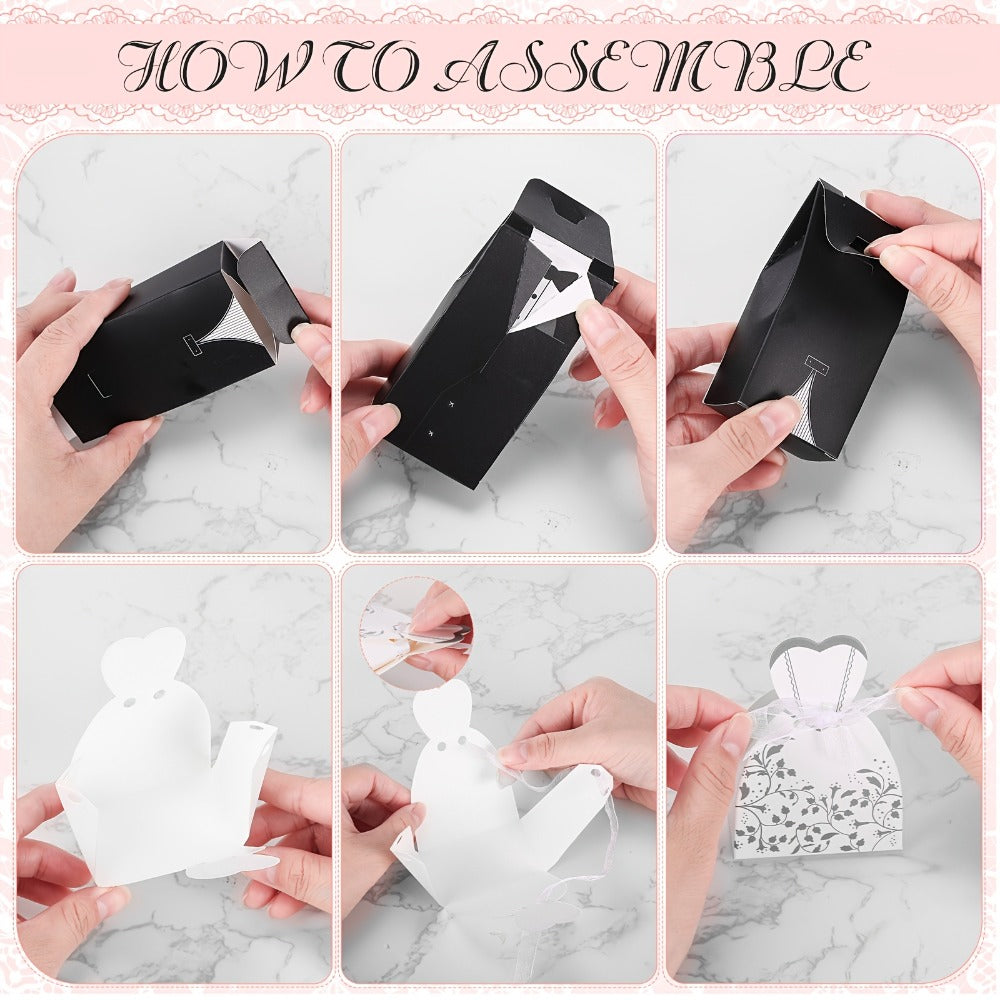 100 Pcs Wedding Party Favor Boxes Dress & Tuxedo Candy Gift Boxes with Ribbon ¨C Vintage Bridal Shower Birthday Treat Bags Bulk Decoration