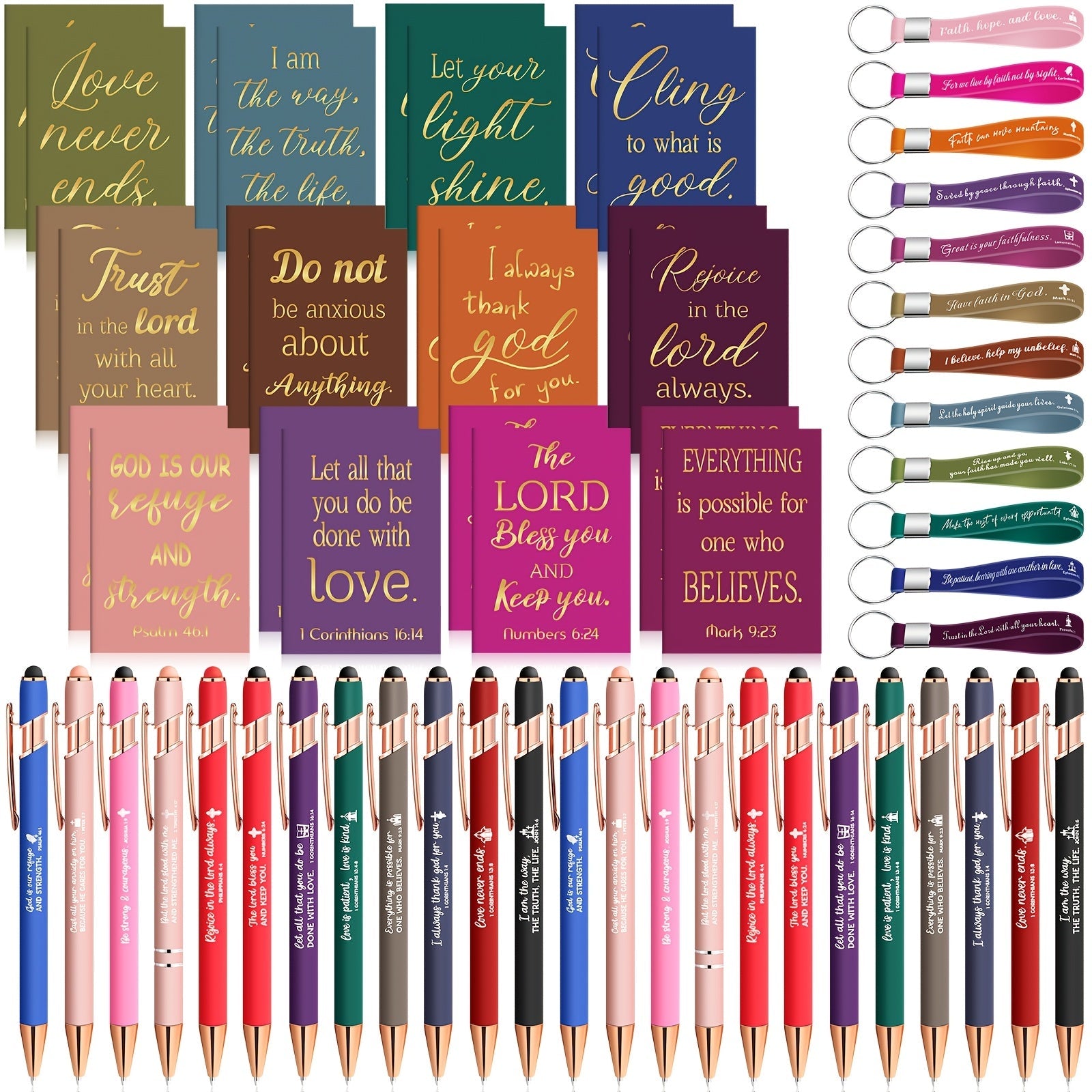 Christian Gifts Bulk Set 72pcs | Inspirational Religious Notebooks Ballpoint Pens Verse Keychains ¨C Bible Quote Party Favors for Church Office Christmas Easter Stocking Stuffers