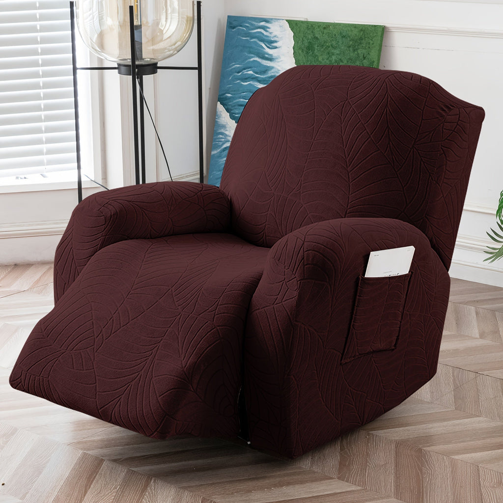Recliner Chair Cover Slipcover 4-Piece Set ¨C Leaf Jacquard Stretch Furniture Protector with Storage Pocket, Non-Slip Recliner Sofa Cover for Living Room, Machine Washable, 6 Colors Available