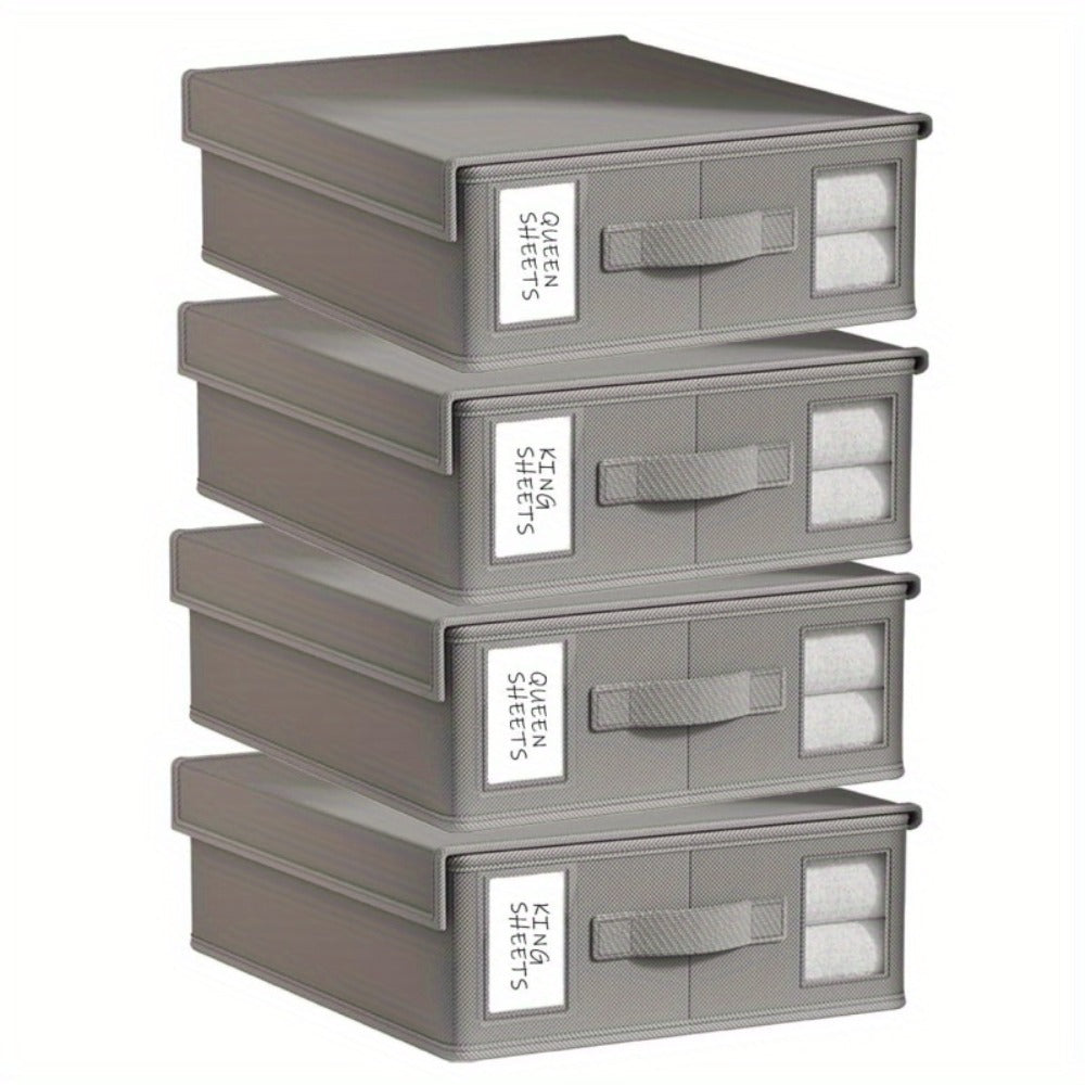 Bed Sheet Storage Organizer Boxes 4-Pack Foldable Fabric Bins with Clear Window & Label, Closet Bedding Storage Box for Sheets Duvet Covers Blankets Pillowcases, Oxford or Non-Woven, Grey Beige