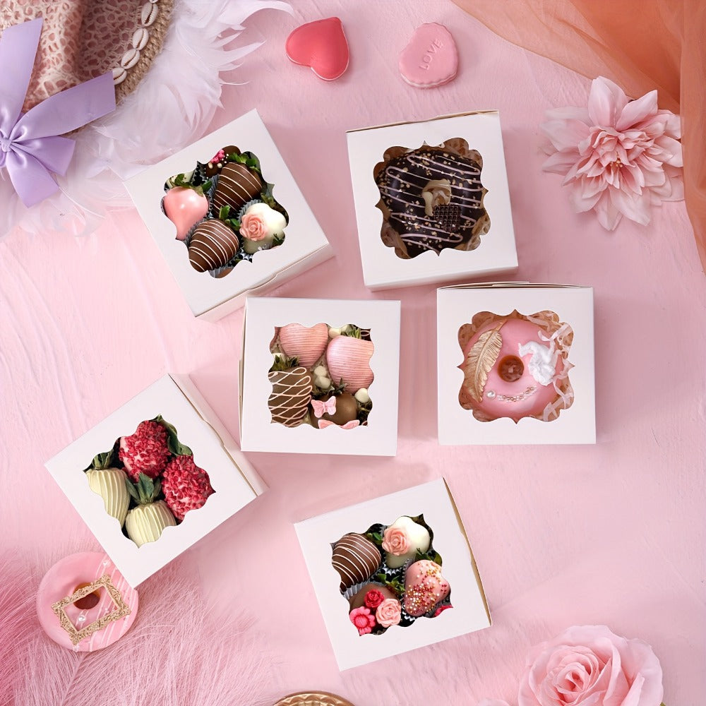 Treat Boxes 150pcs with Window | 4x4x2.5 Inch White Bakery Boxes | 3 Style Clear Window Gift Boxes for Dessert, Chocolate, Strawberries, Donuts, Cookies | Birthday Party, Wedding, Father's Day Packaging