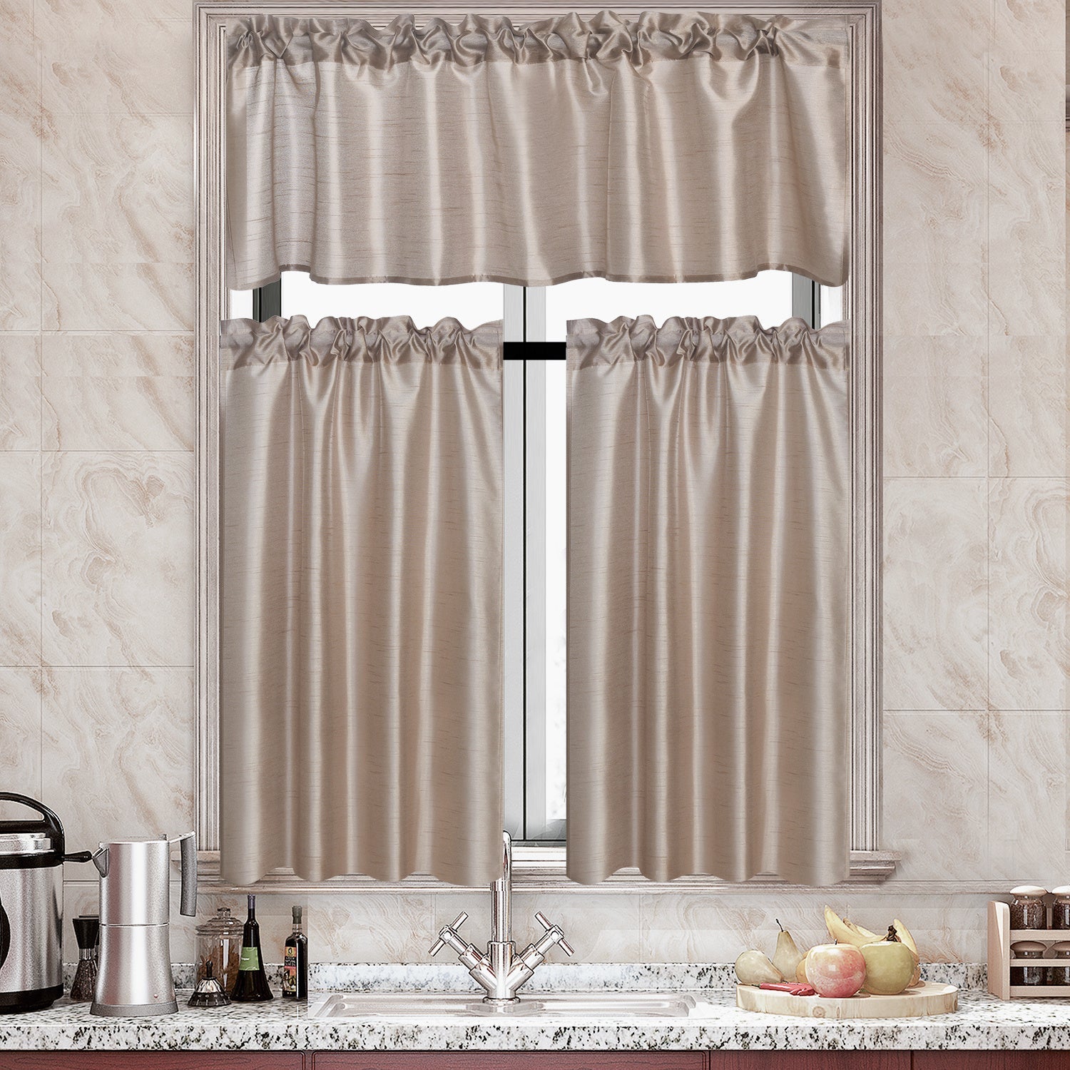 Kitchen Curtains 3 Panels Faux Silk Sheer Tier and Valance Set Rod Pocket 2 Tiers 26x36 inch + Valance 52x14 inch for Kitchen Bathroom Window Drapes