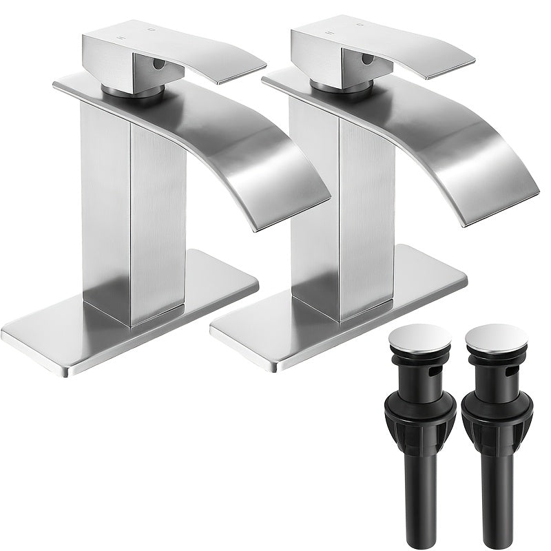 Waterfall Bathroom Faucet Single Handle - Modern Sink Faucet with Valve, Chrome & Matte Black & Brushed Nickel & Brushed Gold Finish, 1 or 3-Hole Deck Mount, G9/16 Threads, Water Supply Lines Included