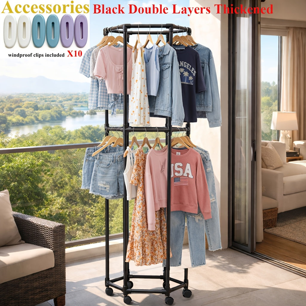 Rolling Hexagon Clothes Drying Rack 1 or 2 Layer ¨C Sturdy Metal Floor Stand with Wheels, Multi-Bar & 10 Clips, Portable Laundry Rack for Bedroom, Balcony & Dorm