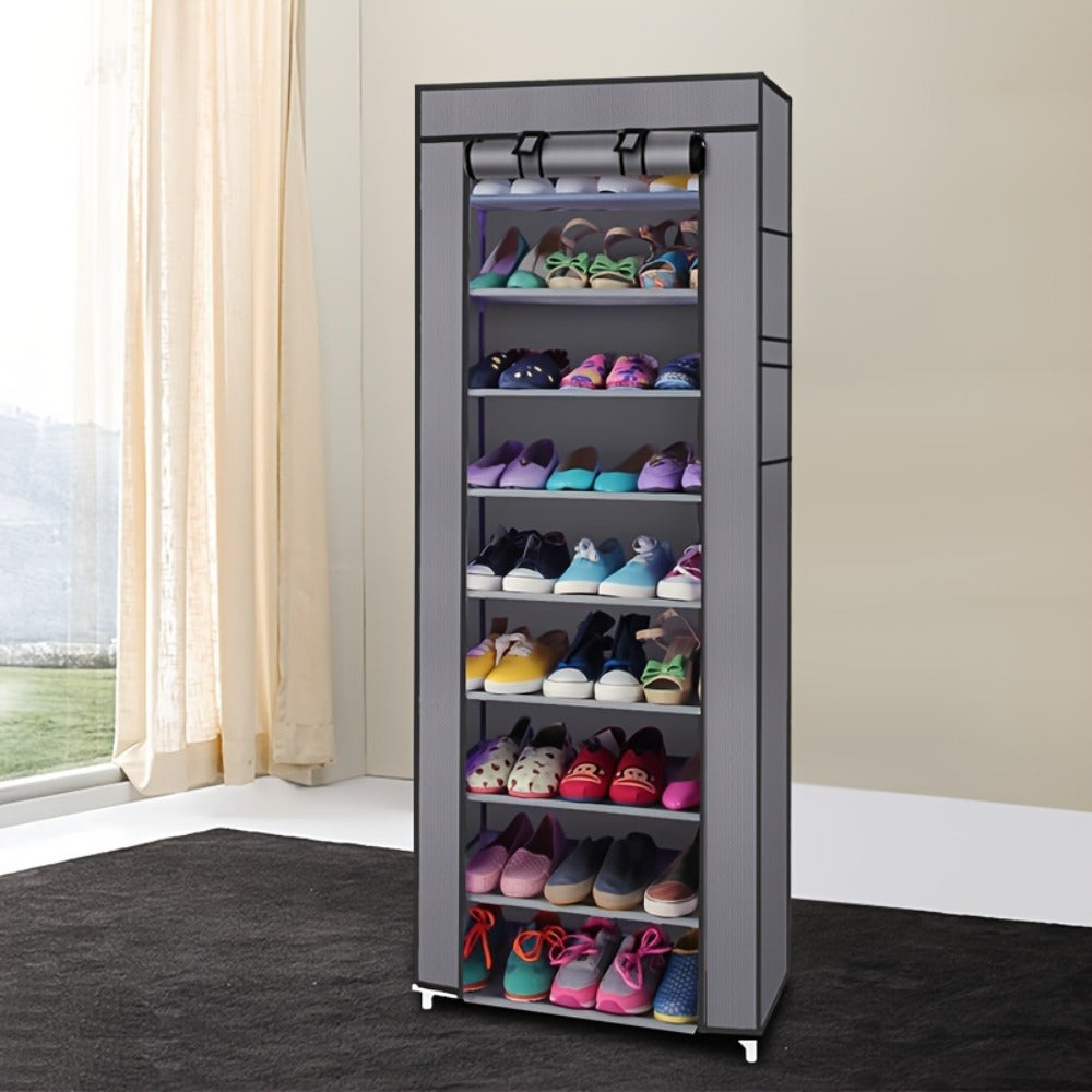 Shoe Rack with Dustproof Cover 10 Layers 9 Cubbies ¨C Large Capacity Non-Woven Shoe Organizer for Entryway, Closet & Bedroom ¨C Space-Saving Steel Frame Shoe Shelf, Easy Assembly