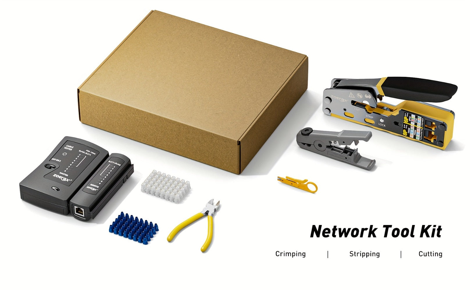 RJ45 Crimping Tool Kit Ethernet - CAT5/CAT5e/CAT6 Pass Through Crimper with Cable Tester, Wire Stripper, Pliers, Spare Blades, 50pcs CAT6 Connectors & Strain Relief Boots, Network Cable Kit